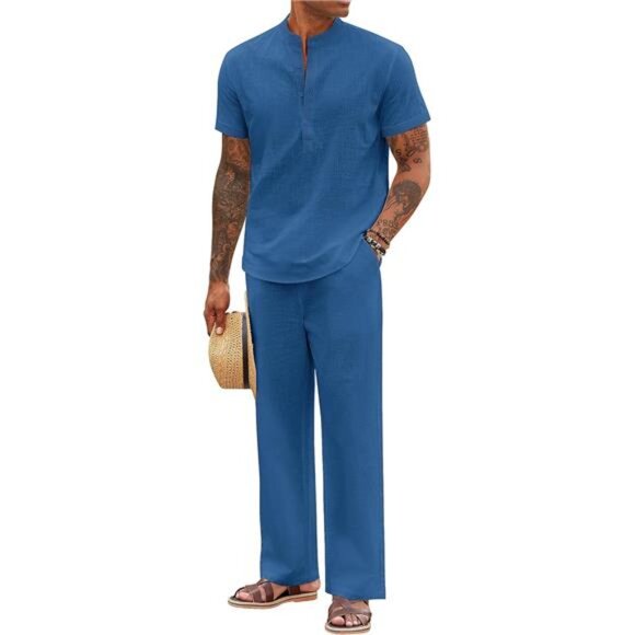 Men's 2 Piece Cotton Linen Set Short Sleeve Casual Henley Shirt Summer Pants Set - Picture 1 of 4